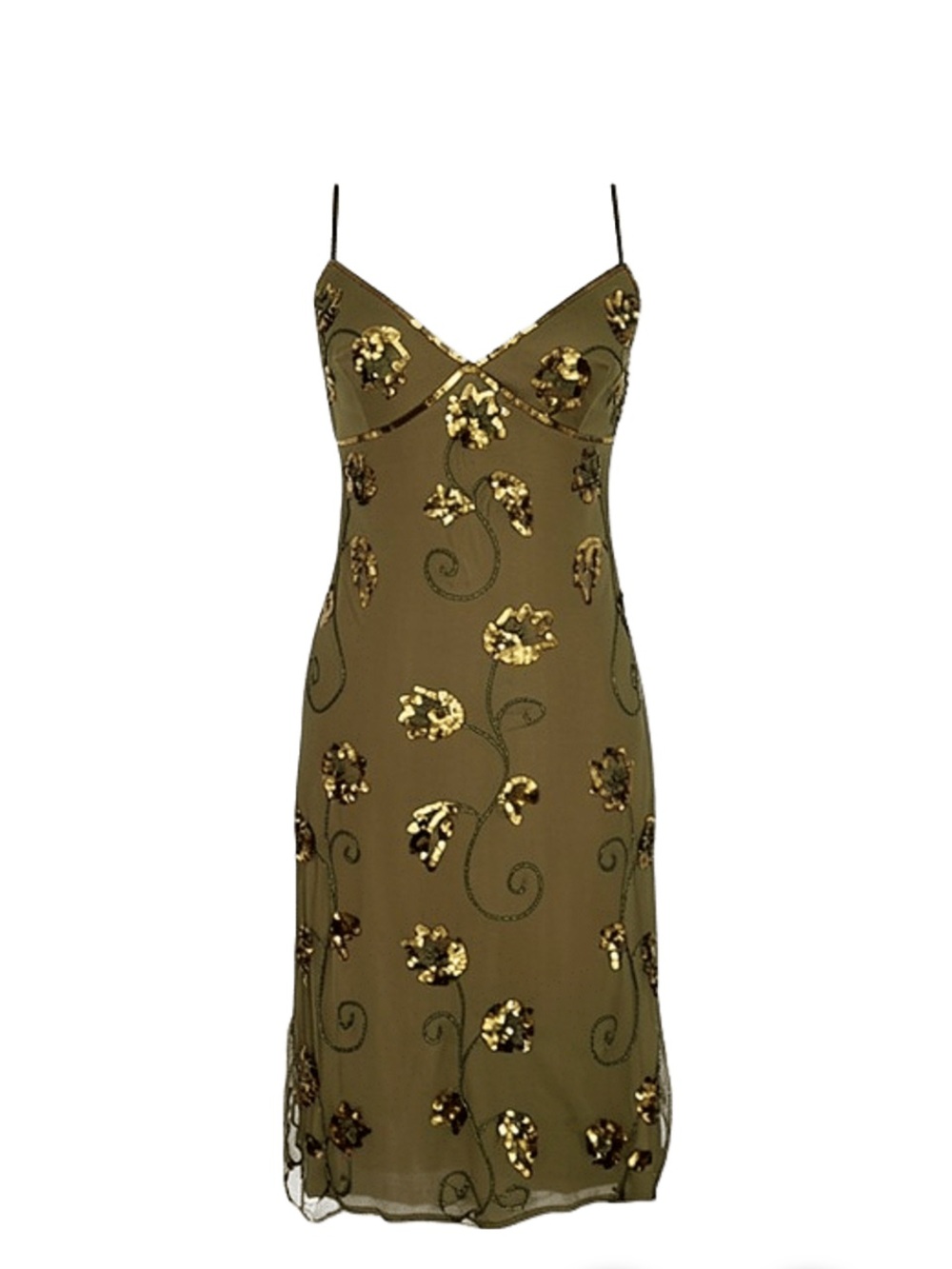 Vintage Betsey Johnson Olive Floral Sequin Midi Slip Dress 10